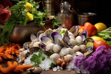 Obraz na płótnie Canvas fresh clams on ice with chopped vegetables nearby