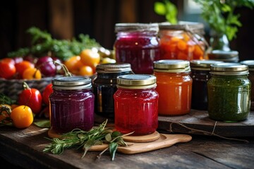 jars of colorful homemade chutneys on a rustic table
