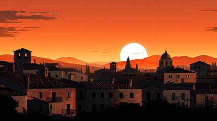 Spanish style houses and rooftops outlined by a vibrant orange sunset sky