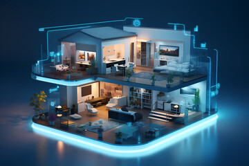Smart home concept for future with streaming data, IOT, security, Ai control systems. Generative Ai 