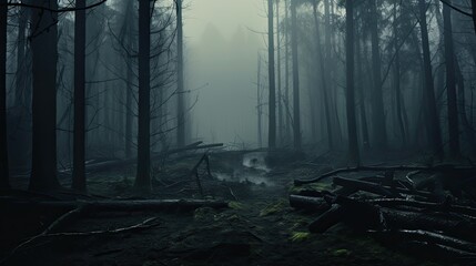 Spooky misty forest on a cold foggy morning