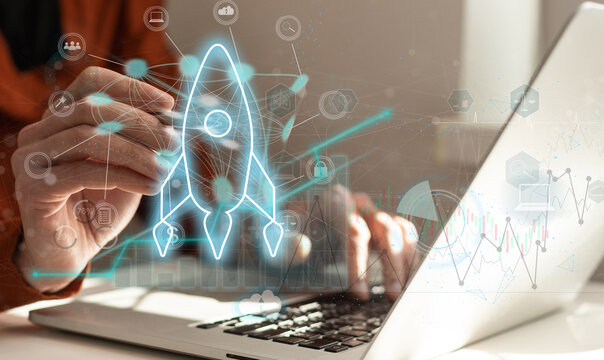 Rapid growth concept with man using his tablet computer