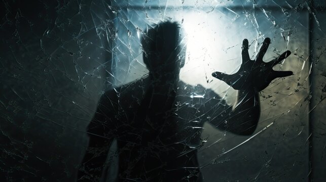 Person obscured by damaged window
