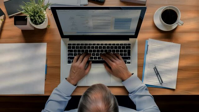 hand person typing or working on computer view from top above video background