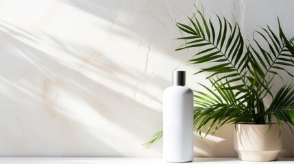 Blank White Cosmetic Bottle Mockup with Tropical Palm Leaves AI Generated