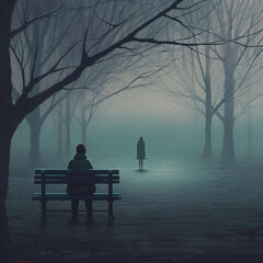Concept of total loneliness. Lonely man sitting on bench. AI illustration..