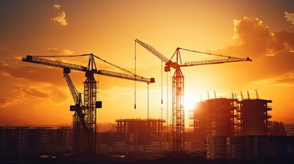 Sunrise with silhouetted cranes and buildings in industrial construction - Powered by Adobe
