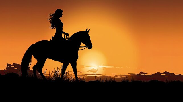 Silhouetted sports girl on horseback in countryside against a sunrise background