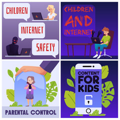 Children internet safety posters set, flat vector illustration.