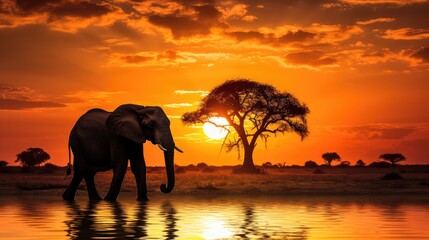 Fototapeta na wymiar Silhouetted African Elephant during Botswana safari at African sunset