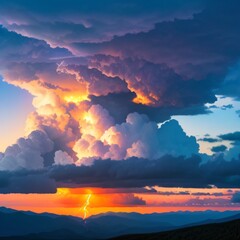 Puffy Clouds Sunset Mountains Peak Lightning