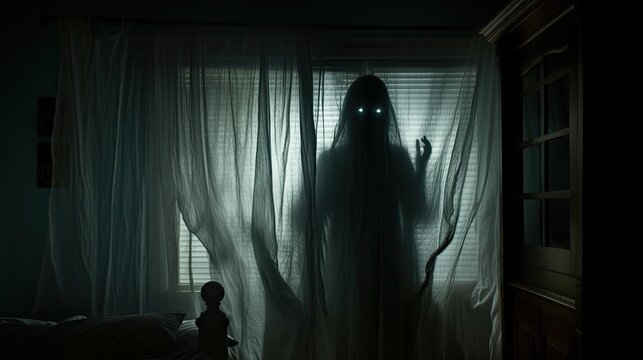 Blurred ghost silhouette in bedroom window at night horror scene on Halloween