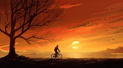 Fototapeta na wymiar Cyclist amidst sunset marked by silhouetted trees