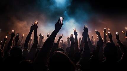 Silhouetted crowd holding lighters and phones at concert Dark backdrop smoke spotlights bright glow
