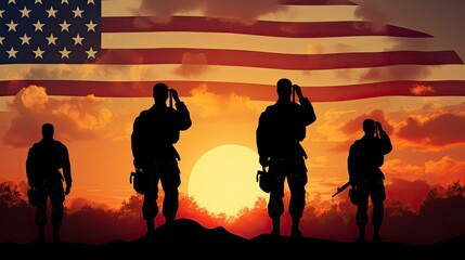 Soldiers saluting against sunset sunrise USA flag Greeting card for patriotic celebrations