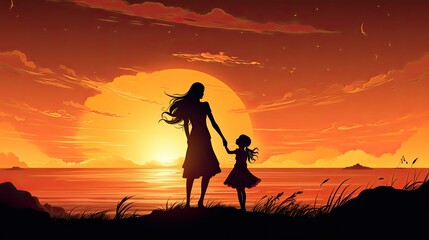 Mother and child silhouette against a sunset