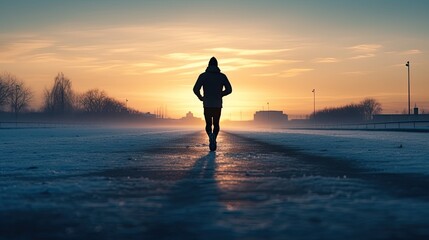 Athlete exercising on frozen track in winter city morning motivation