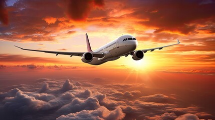 Fototapeta na wymiar Commercial airplane jetliner flying above dramatic clouds in beautiful sunset light Travel concept