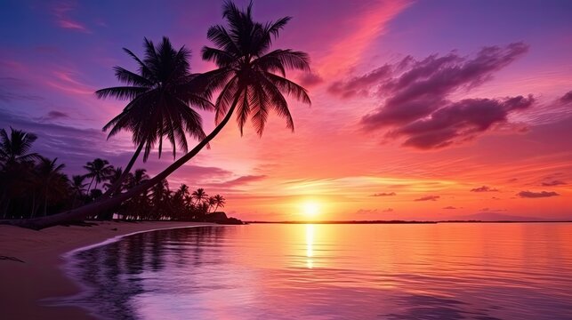 Travel and vacation time is enhanced by a serene tropical beach scene featuring a palm tree pink sky and beautiful sunset