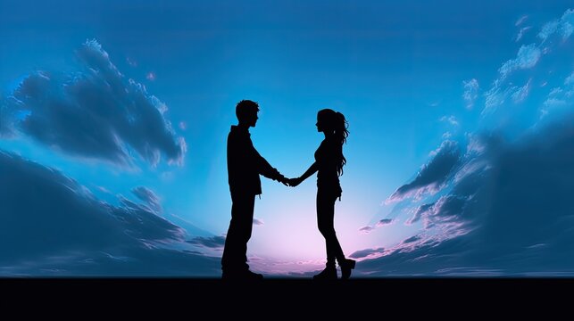 A couple s silhouette of a young pair holding hands against a blue sky backdrop