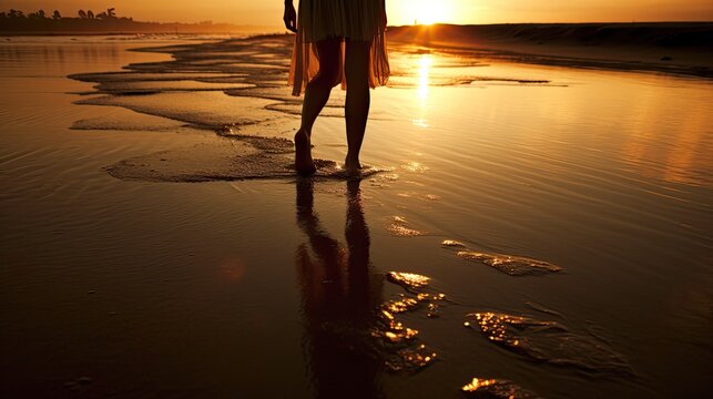 Reflective image of girl walking by the shore
