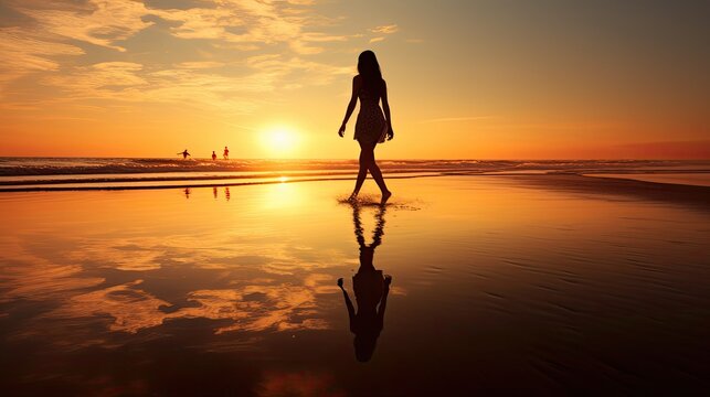 Reflective image of girl walking by the shore