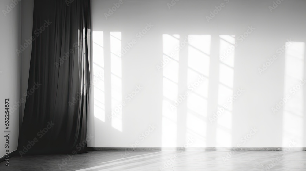 Poster Defocused light from the window casts blurry shadows on the white wall mimicking empty space for a mockup