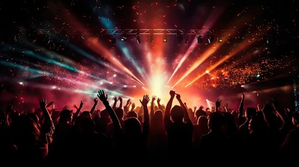 Concert crowd with colorful stage lights and confetti - obrazy, fototapety, plakaty