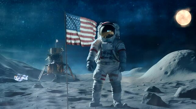 astronaut on the moon carrying the american flag video footage background
