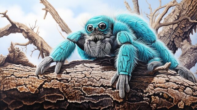  a painting of a blue spider sitting on a tree branch.  generative ai
