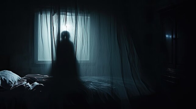 Blurred ghost silhouette in bedroom window at night horror scene on Halloween