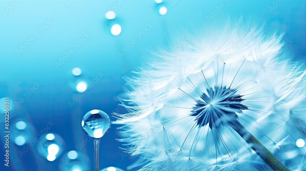 Poster macro image of a dandelion seed with a water drop on it set against a vivid blue and turquoise backd
