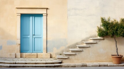 Fototapeta na wymiar a blue door and steps leading up to a blue door. generative ai