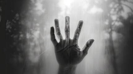 Silhouetted hand behind frosted glass Halloween theme