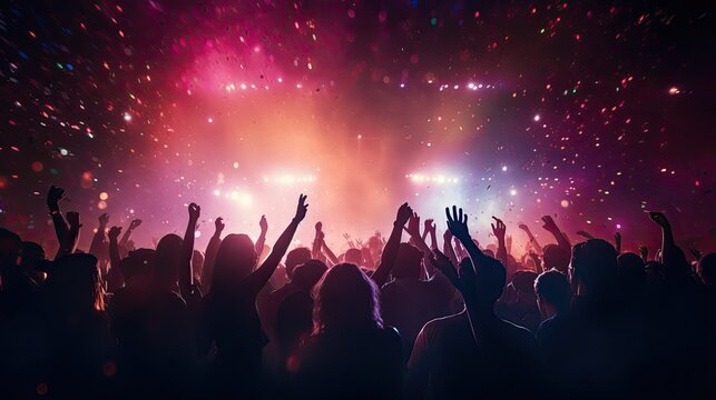 Concert crowd with colorful stage lights and confetti