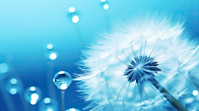 Macro image of a dandelion seed with a water drop on it set against a vivid blue and turquoise backdrop Free space for text Vibrant and artistic