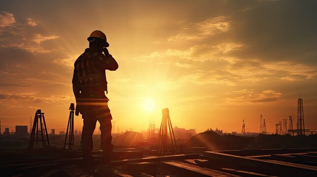 Engineer instructing construction crews to work safely on elevated terrain amid a picturesque sunset