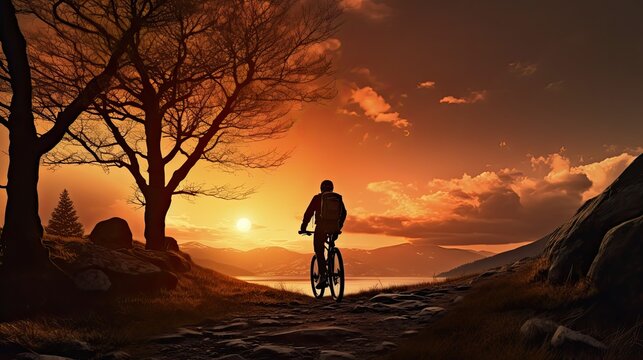 Cyclist amidst sunset marked by silhouetted trees