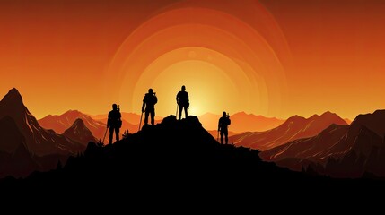 Fototapeta na wymiar Team silhouette on mountain symbolizes leadership