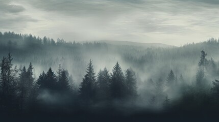 Fototapeta na wymiar Thick white fog and heavy rain cloak the forest Tree shapes disappear in the mist amid grain and texture of clouds