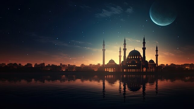 Islamic mosque at sunset with a beautiful moon in the sky creating a holy and serene night