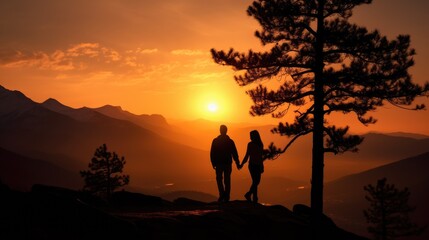 A couple s silhouette at dawn in Kanas Xinjiang
