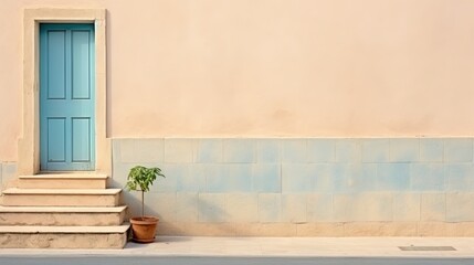  a blue door and a plant in a pot on a sidewalk.  generative ai
