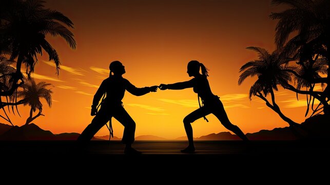 Two capoeira fighters in silhouette outdoors during sunset