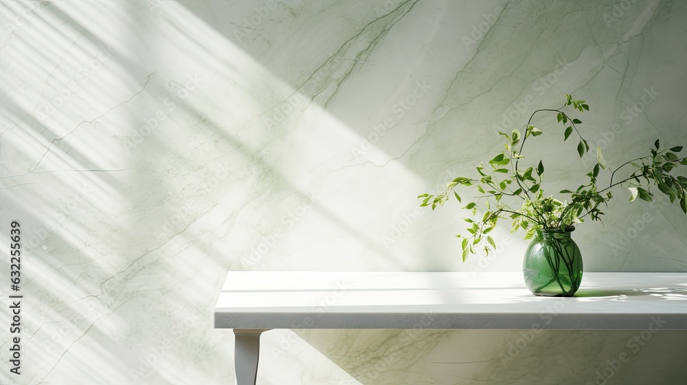 Aufkleber green branch of tree with shadow against white marble tile wall and wood table with copy space in th