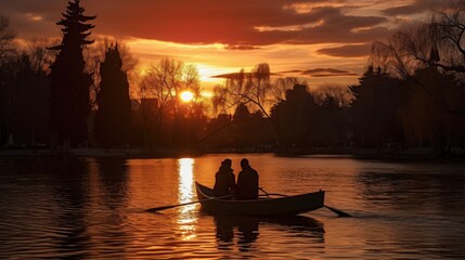Naklejka na ściany i meble Two people in a boat at sunset in Retiro Park s lake Madrid Spain on March 28 2023