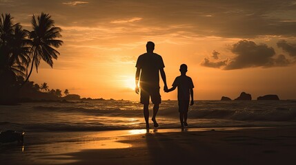 Fototapeta na wymiar A father and son bonded at sunset on a Bali beach