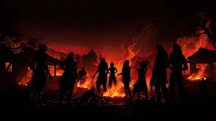 Fototapeta premium Halloween night People gathering around a bonfire