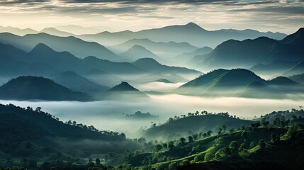 Beautiful Indian mountains with silhouettes visible through fog in Manila valley - obrazy, fototapety, plakaty
