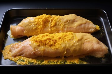 fish fillets coated in batter, pre-frying stage